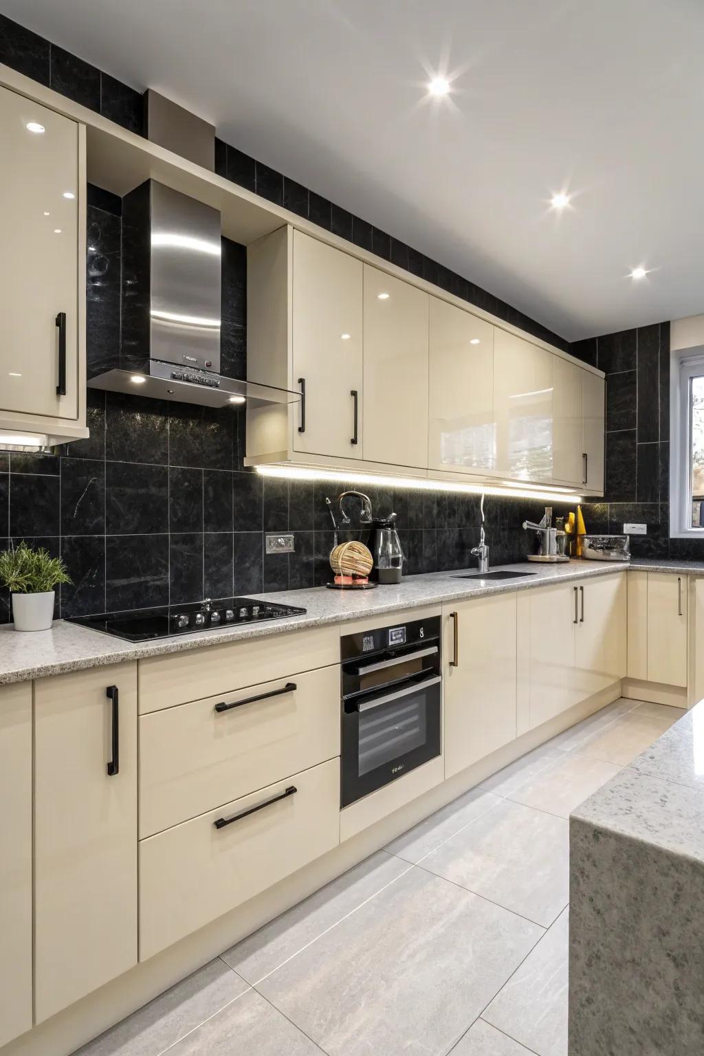 Dark contrasts adding drama and depth to a cream gloss kitchen.