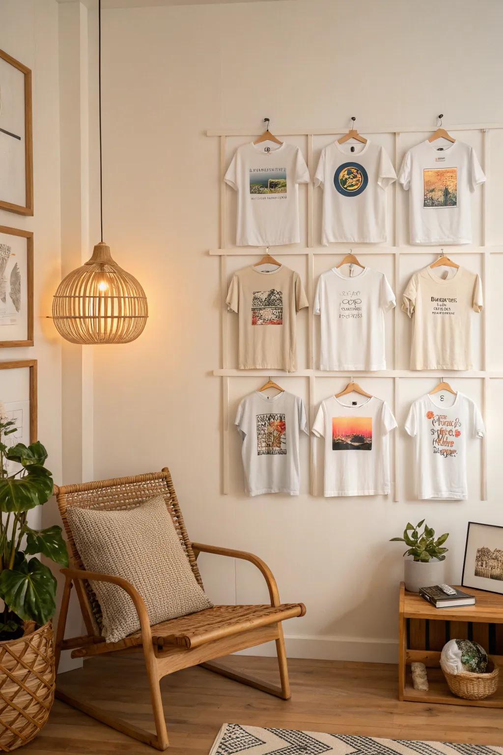 Transform your living space into a gallery with a stylish t-shirt grid display—where modern art meets everyday fashion.