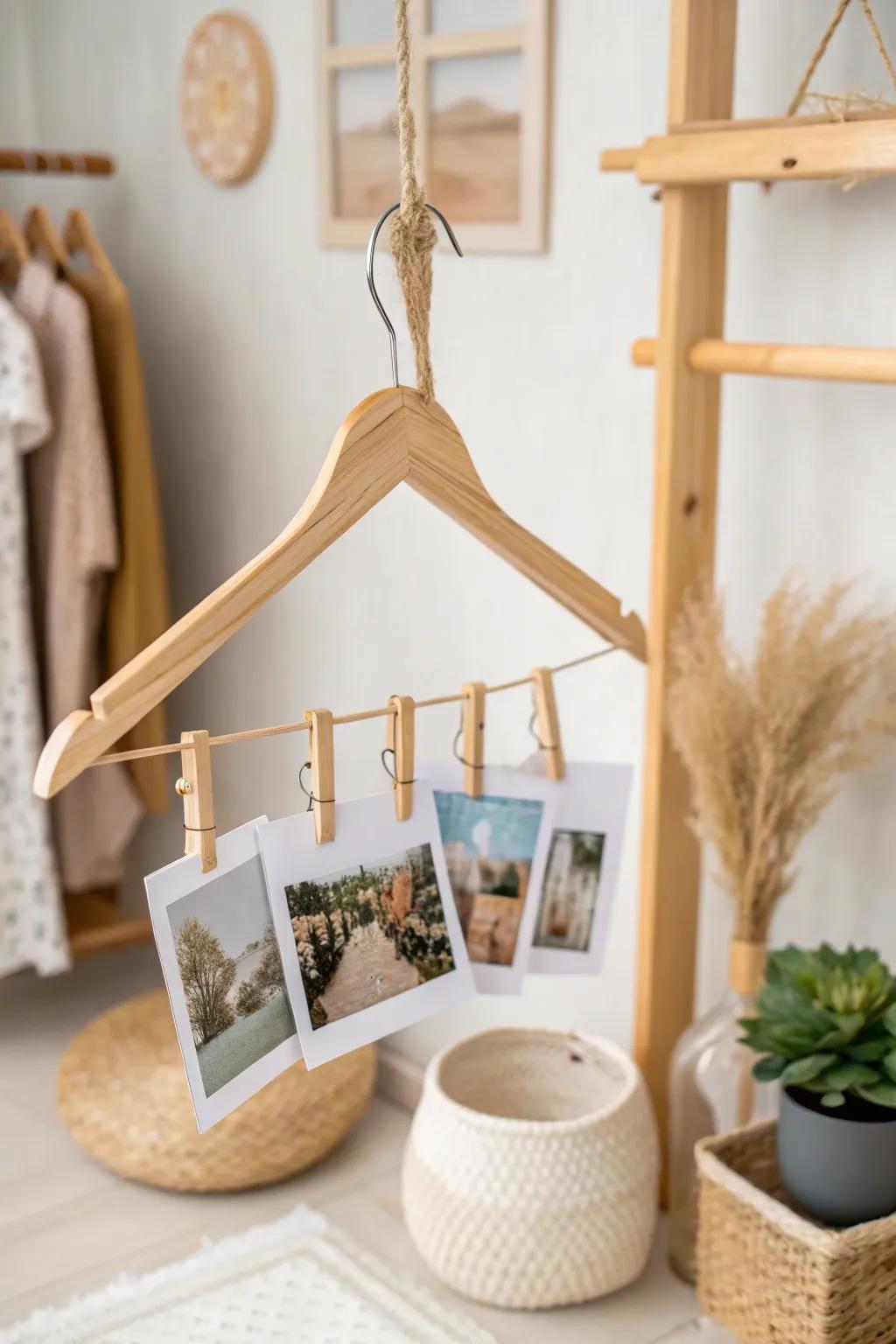 Elevate your photo display game with this charming hanger setup—where creativity meets minimalist elegance.