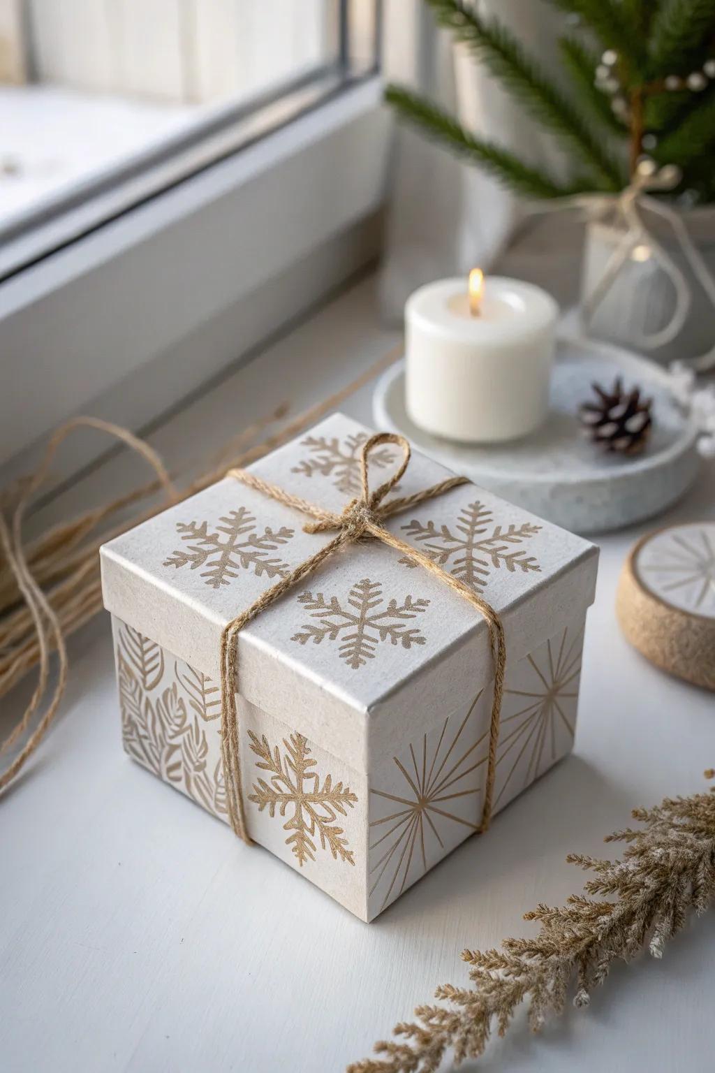 Elevate your gift-giving with a touch of minimalist elegance: snowflake-themed boxes that sparkle with Scandinavian charm.