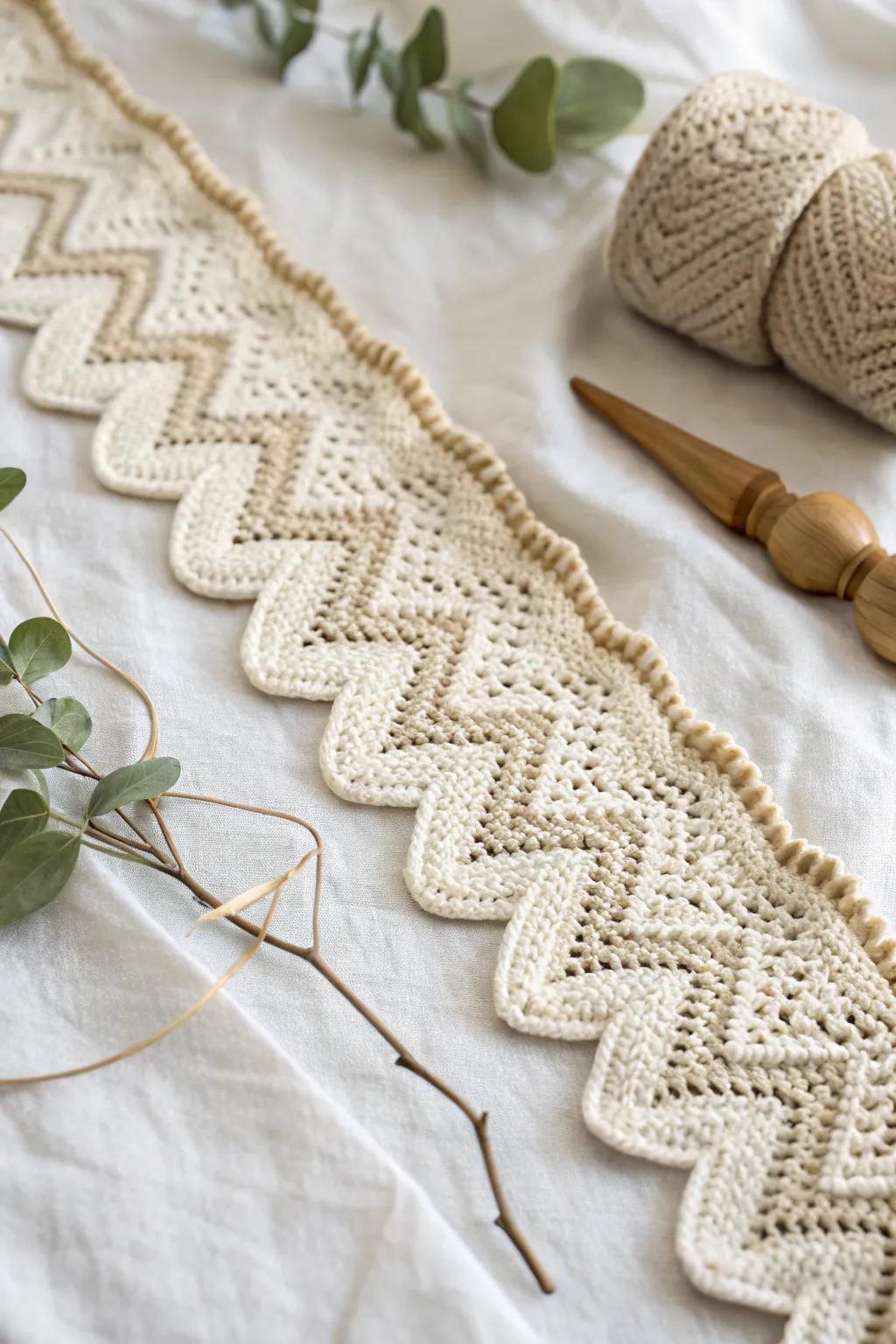 Embrace the rhythmic elegance of a zigzag crochet border—where modern flair meets timeless craftsmanship.