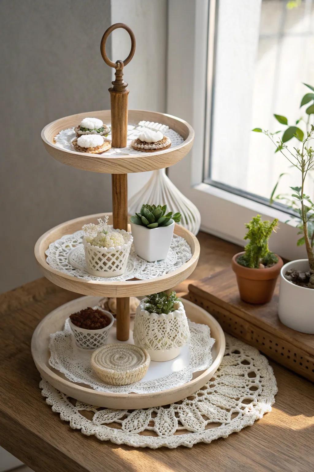 Elevate your crochet display with tiered dessert trays for a chic and space-saving craft fair presentation!