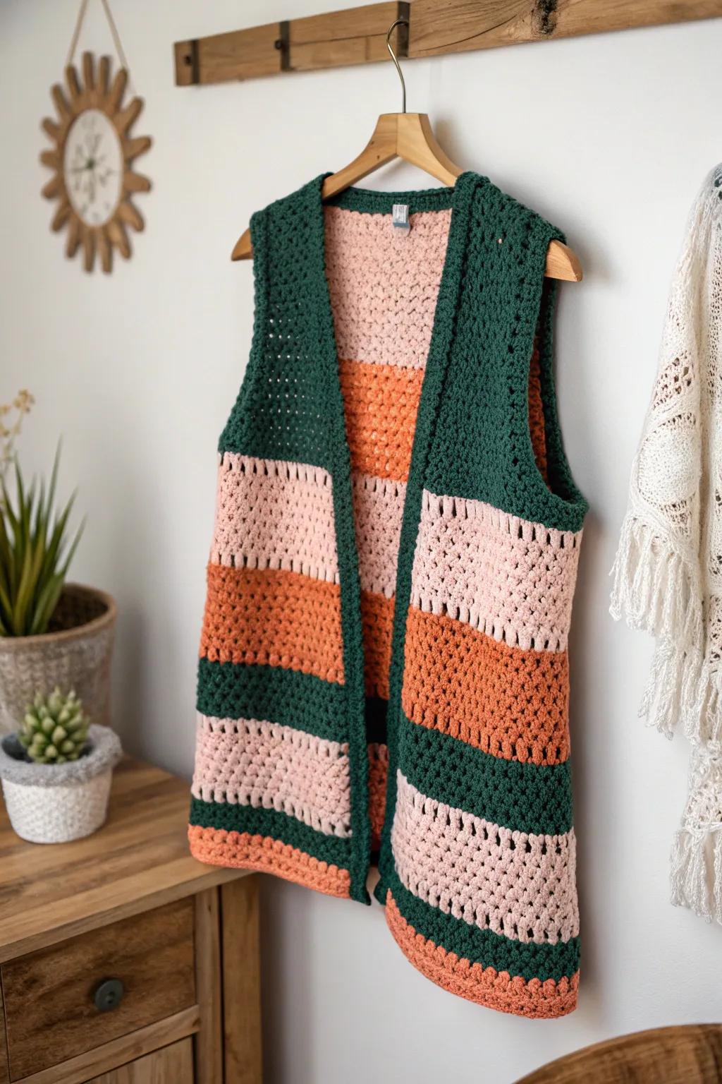 Elevate your wardrobe with a vibrant color block crochet vest—perfect for adding a touch of boho chic to your minimalist style.