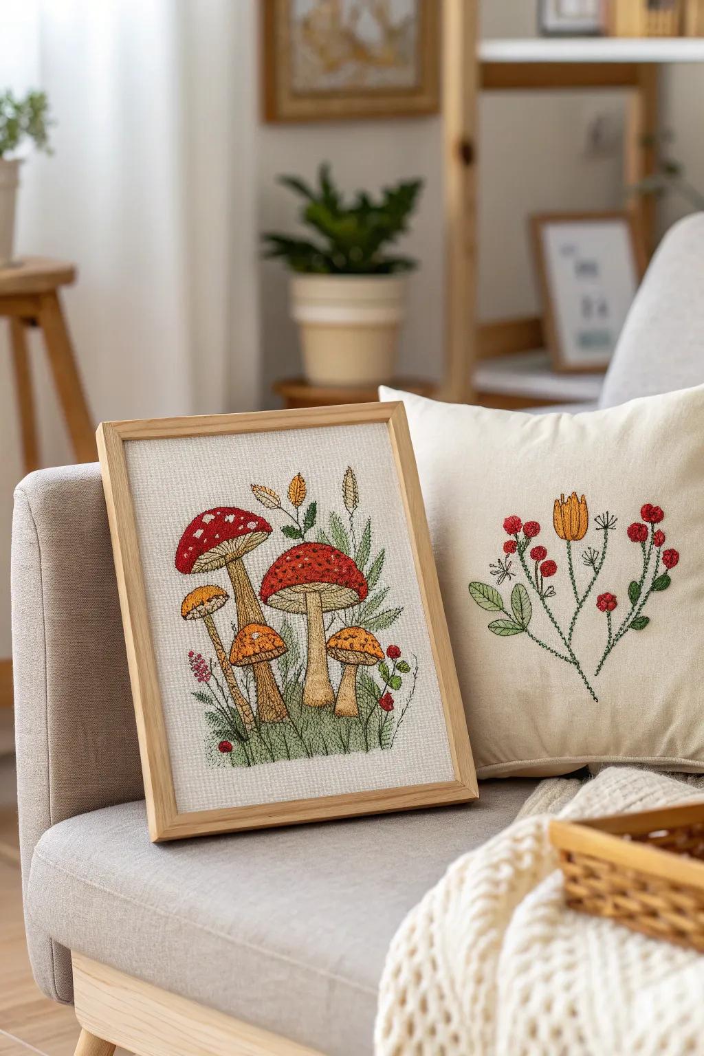 Add a playful touch to your space with a whimsical mushroom cross-stitch pattern.