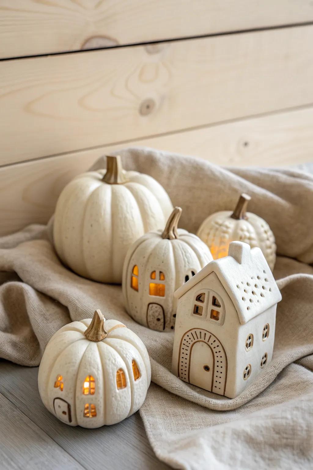 Discover the whimsical charm of a miniature pumpkin village, where simplicity meets artistry.
