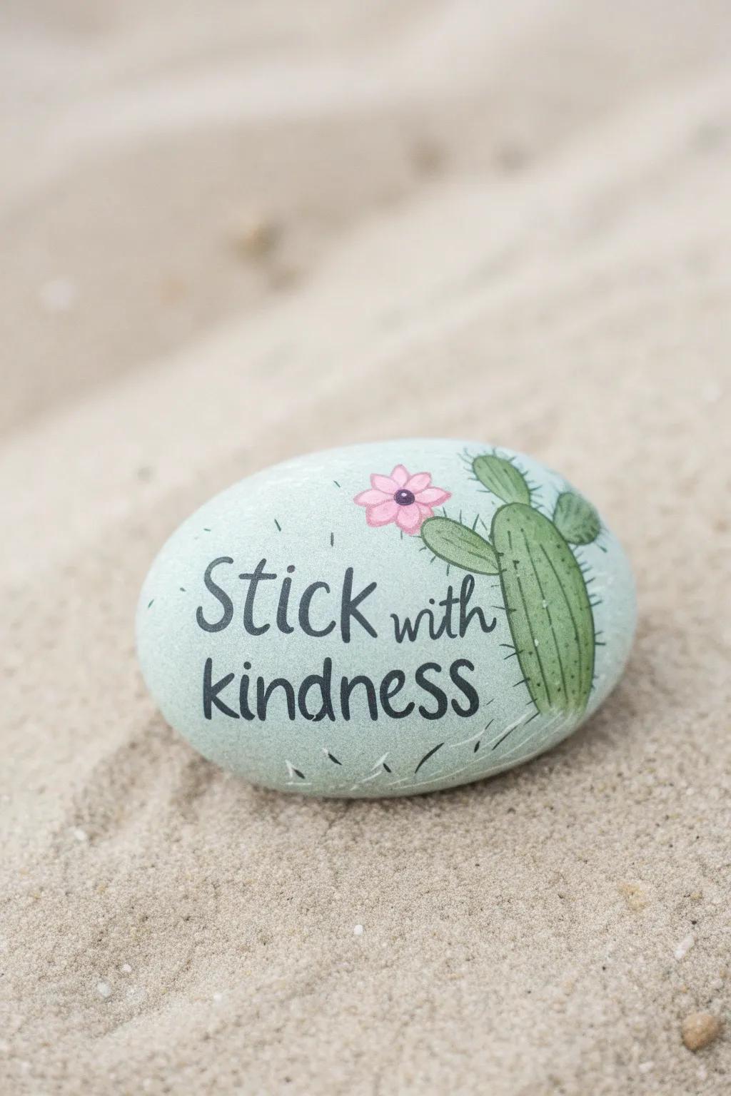 Embrace the desert charm with this adorable cactus kindness rock. A simple reminder to 'Stick with kindness'.