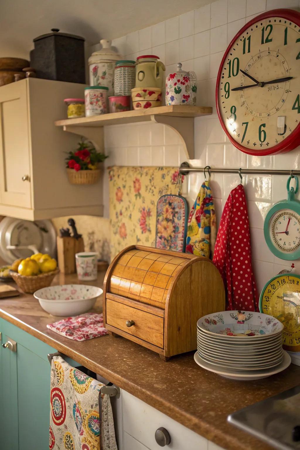 Vintage accessories add unique character to the kitchen.