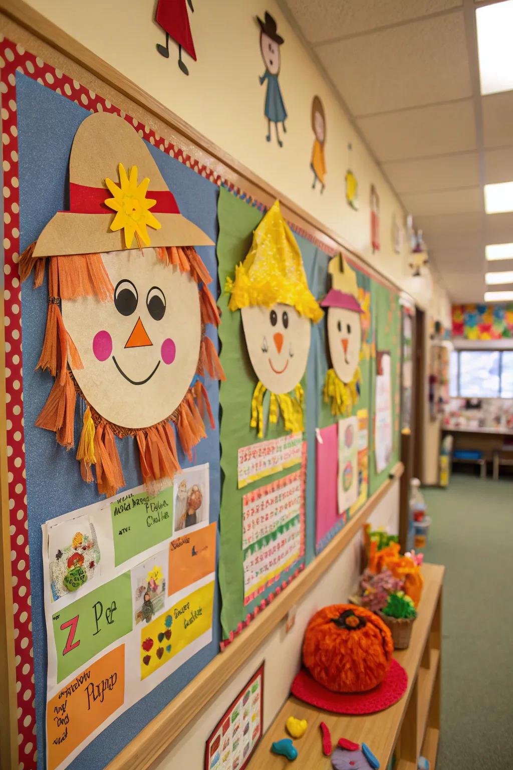 Scarecrow Friends bulletin board with child-made scarecrow faces.