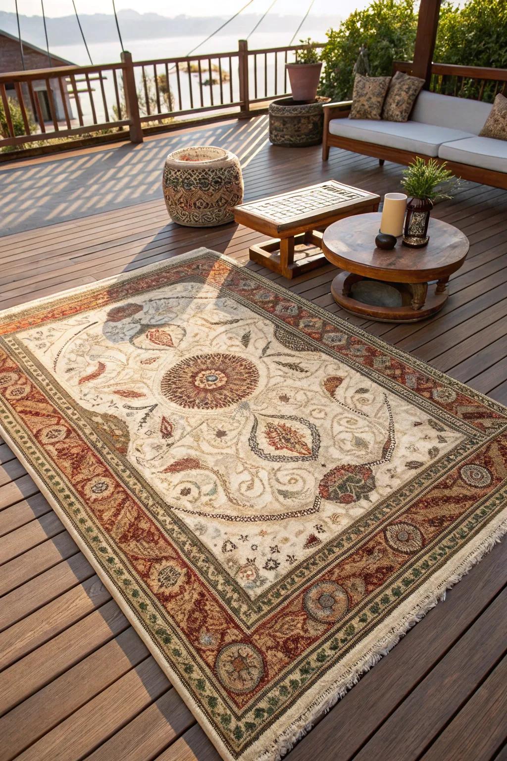 Transform your deck with the timeless charm of an artfully crafted outdoor rug.