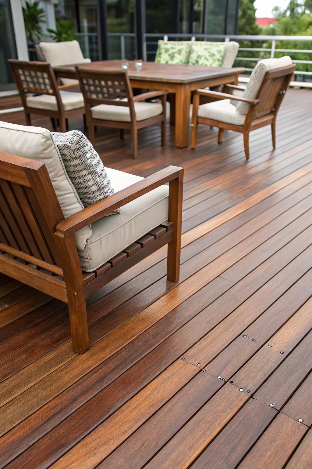 Seamless harmony: Elevate your outdoor space with a rich brown deck stain that beautifully complements teak furniture.