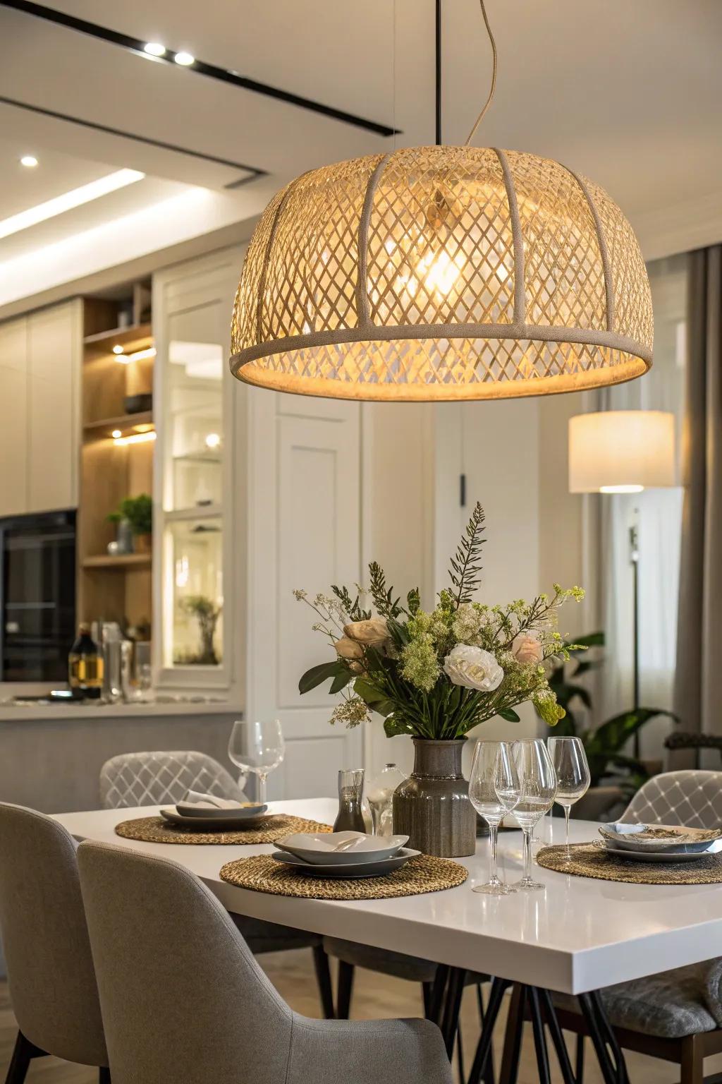 A statement pendant lamp adds drama to the dining area.