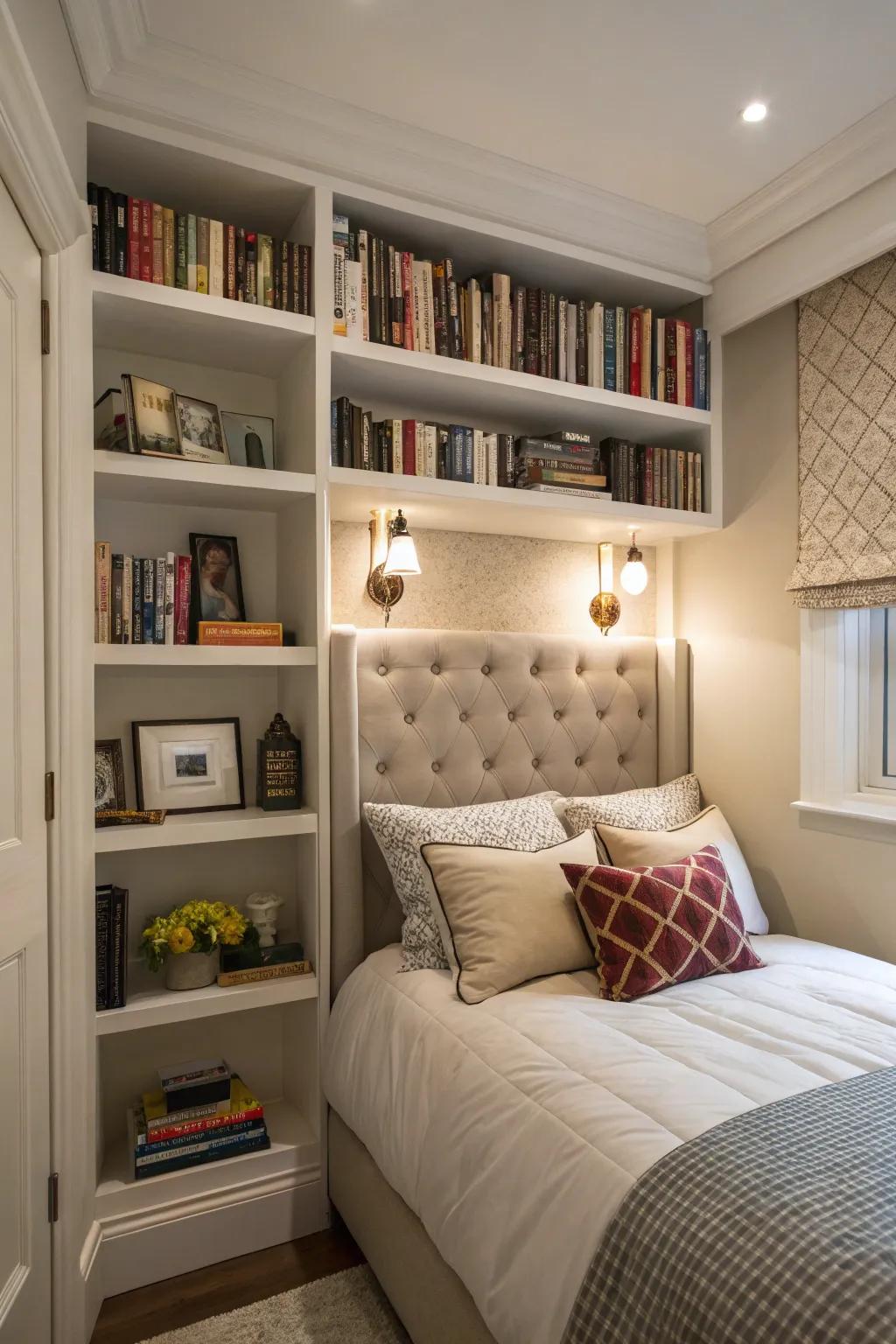 Tall shelves and a high headboard maximize vertical space in a small bedroom.