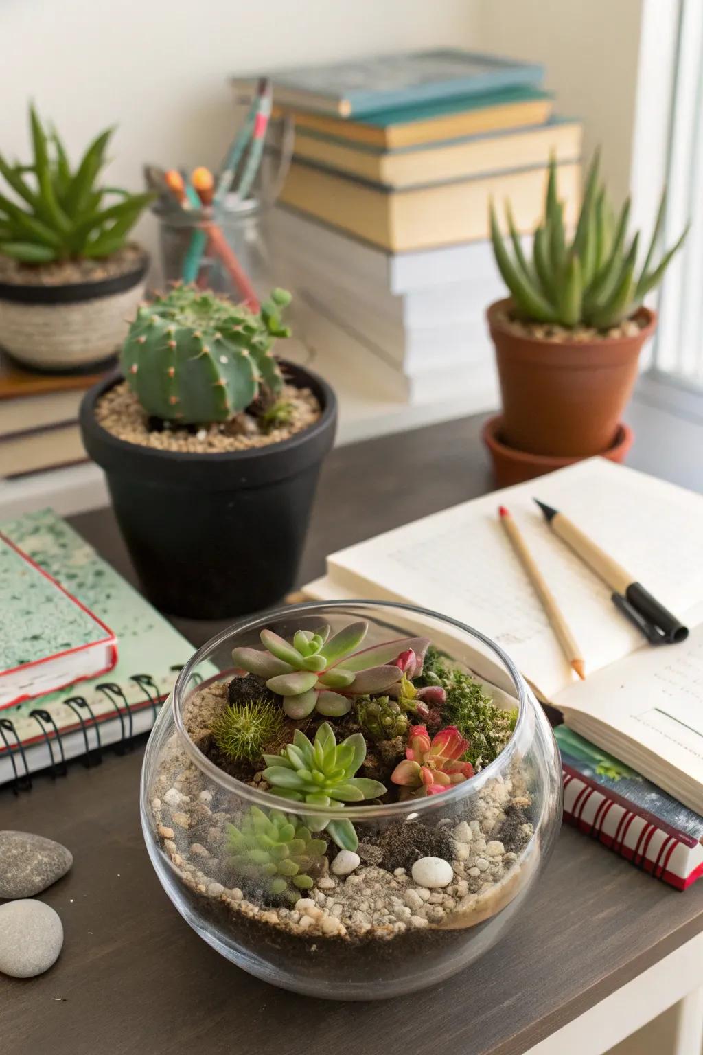 Natural elements like plants add vibrancy and tranquility to your desk.