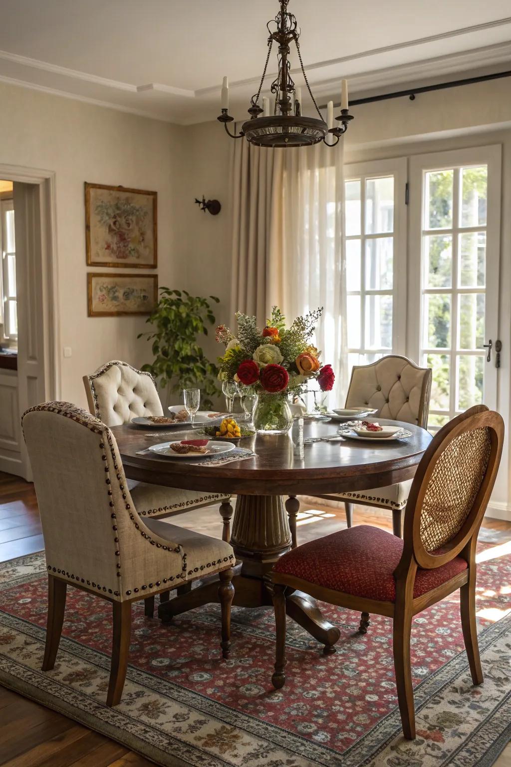 Create an eclectic dining space with mixed furniture styles.