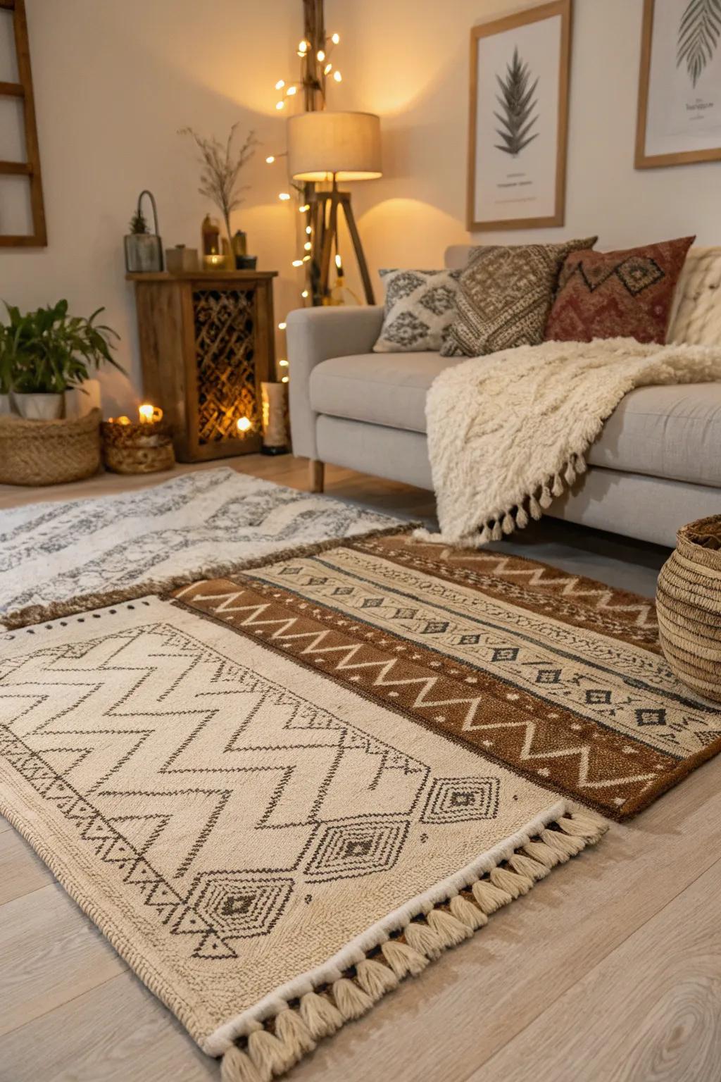 Layered rugs bringing warmth and texture to a living area.