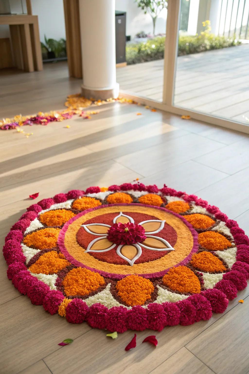 Embrace the beauty of simplicity with a stunning floral rangoli, perfect for adding a fragrant touch to your Diwali celebrations.