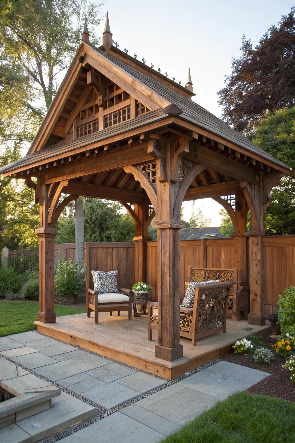 Unwind in style with handcrafted comfort under your backyard pavilion.