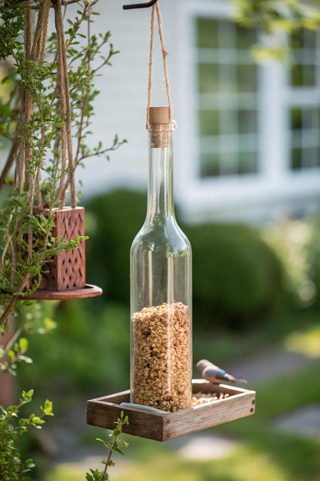 Elevate your garden with this chic wine bottle bird feeder – where simplicity meets style.