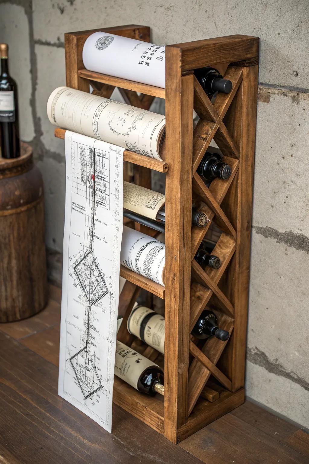 Elevate your space: Transform a wine rack into a stylish blueprint organizer.