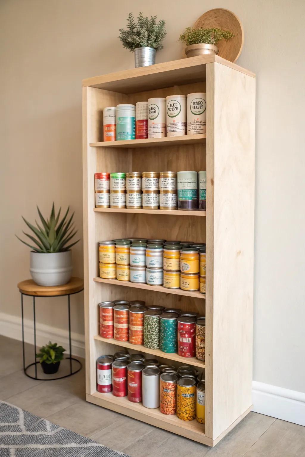 Transform your bookshelf into a chic canned food organizer with a Scandinavian touch. #DIYStorage #MinimalistLiving