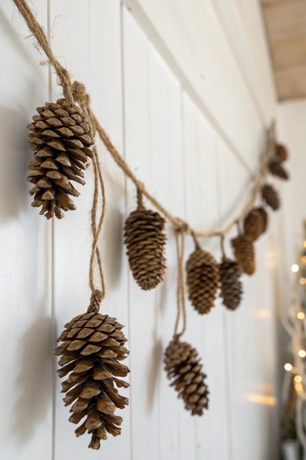 Embrace cozy cabin vibes with this simple yet stunning pinecone garland, perfect for minimalist holiday decor.