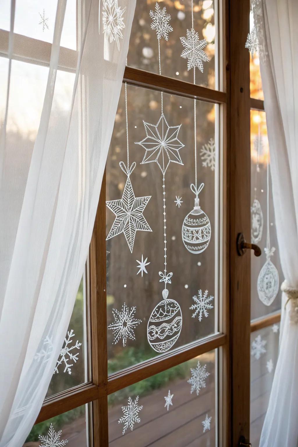 Transform your window into a canvas of festive elegance with chalk pen art, capturing the essence of Scandinavian Boho charm.