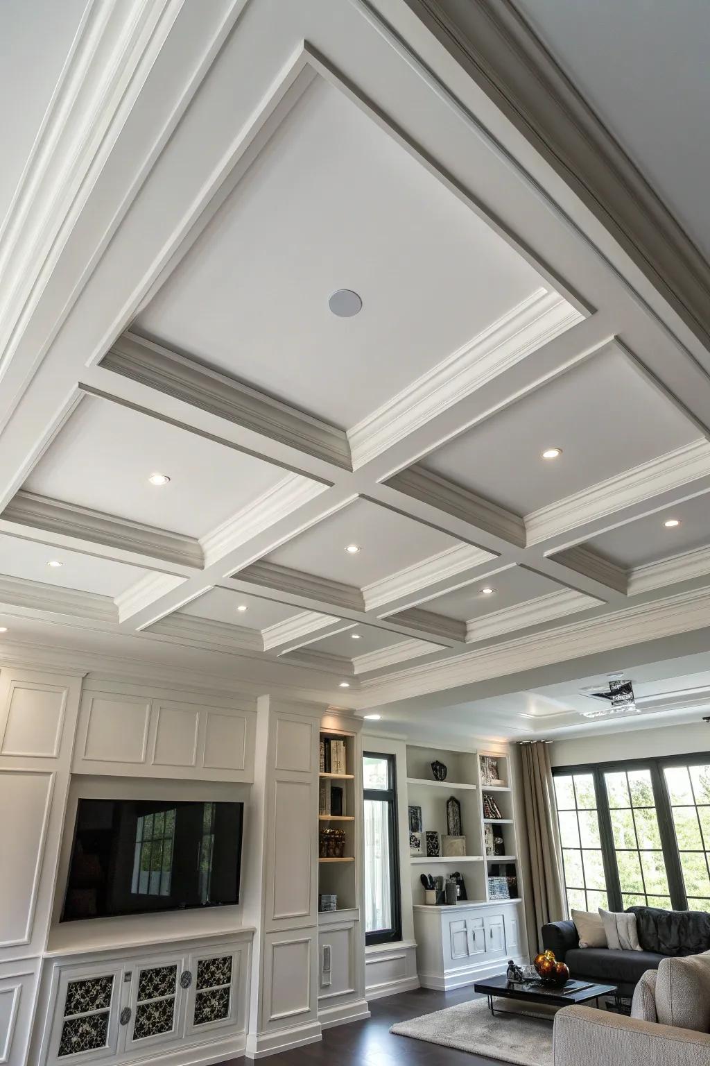 Elevate your space with a sleek and modern minimalist coffered ceiling. Perfect for those who appreciate contemporary design and craftsmanship.