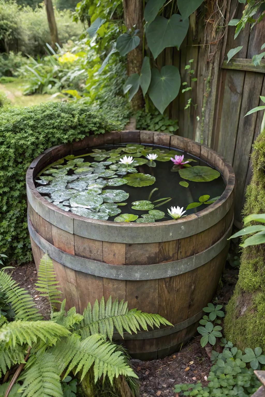Transform your garden with a rustic wooden barrel pond—a perfect blend of simplicity and natural beauty.