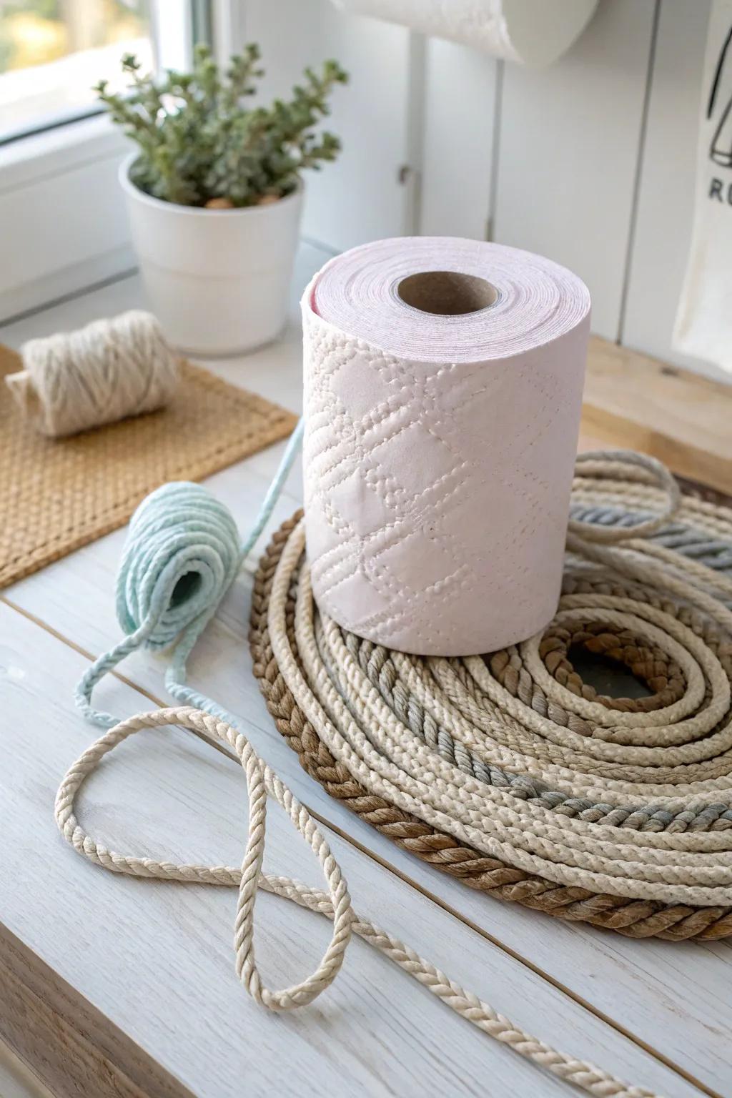 Transforming simplicity into style: a chic DIY cord organizer from a painted toilet paper roll.