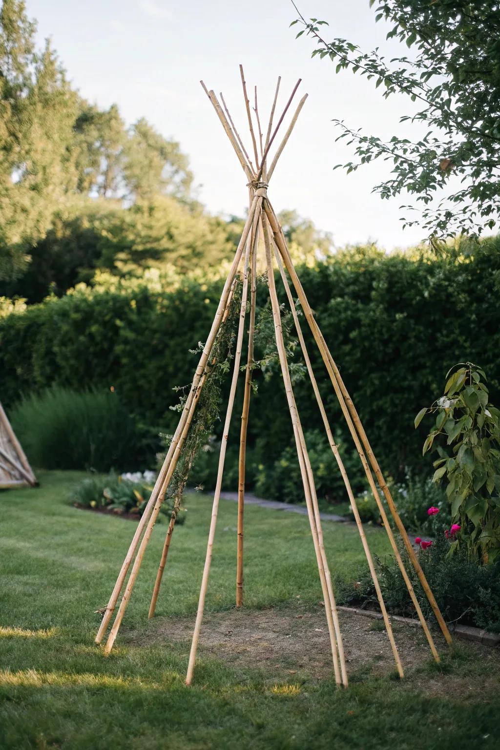 Embrace simplicity and elegance with a handcrafted bamboo teepee trellis, perfect for your minimalist garden oasis.