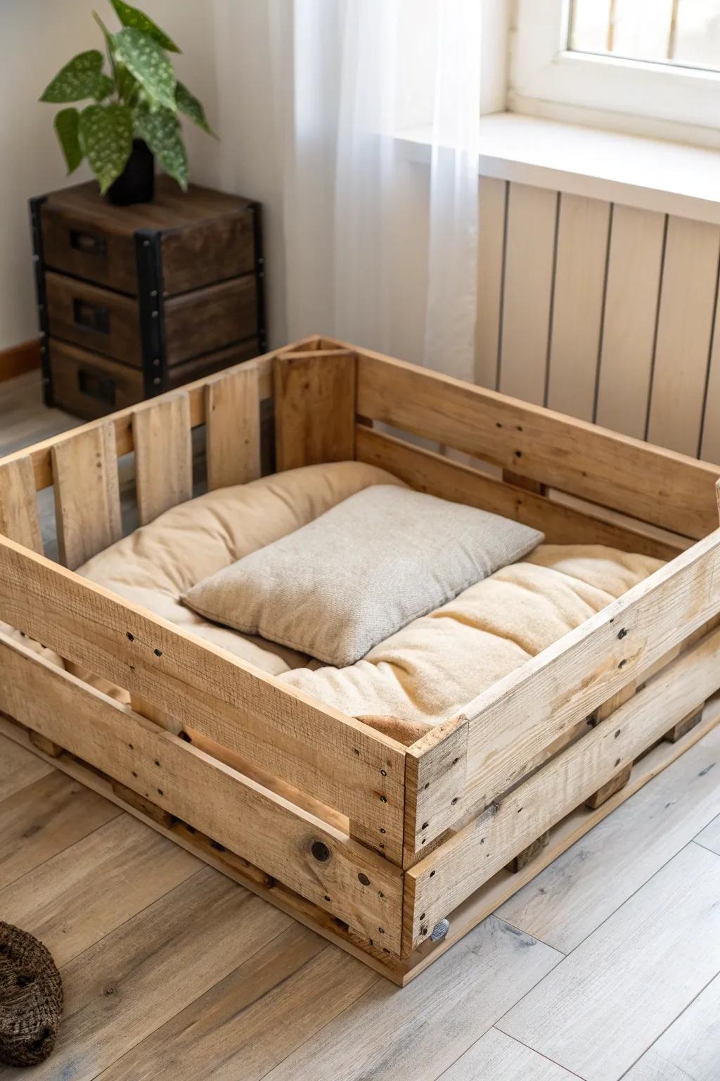 Crafted with love: A rustic pallet dog bed that blends Scandinavian simplicity with Boho charm.