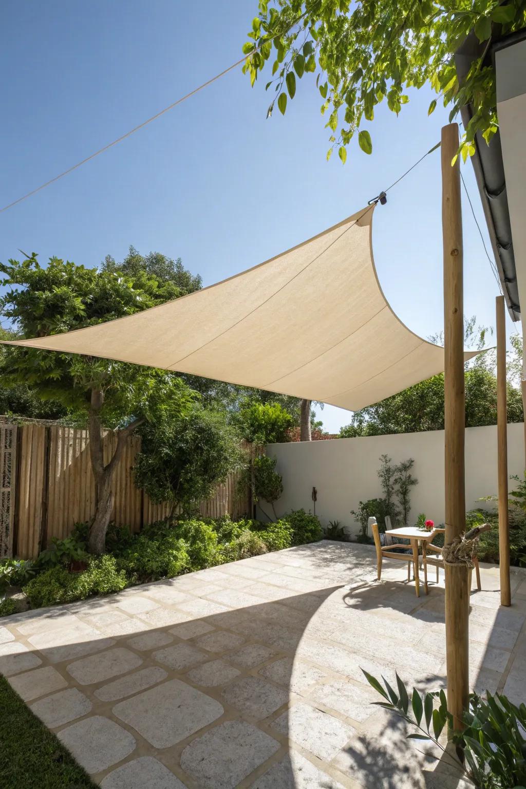 Transform your patio into a chic retreat with a versatile shade sail, blending minimalist design with boho elegance.