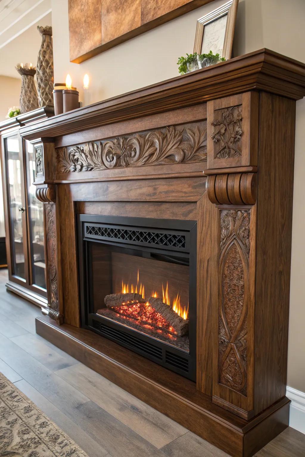Elevate your space with a perfect blend of style and warmth: a modern electric fireplace insert in a handcrafted wooden mantel.