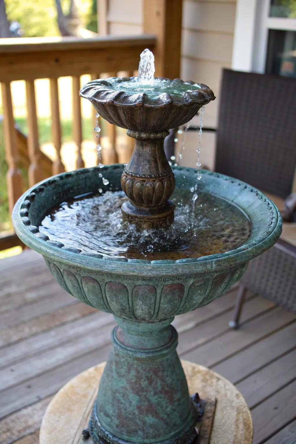 Transform your space with a repurposed birdbath fountain – a testament to creativity and craftsmanship.