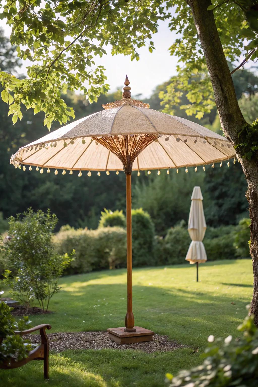 Embrace elegance and flexibility with a freestanding parasol, your perfect garden companion for chasing the sun.