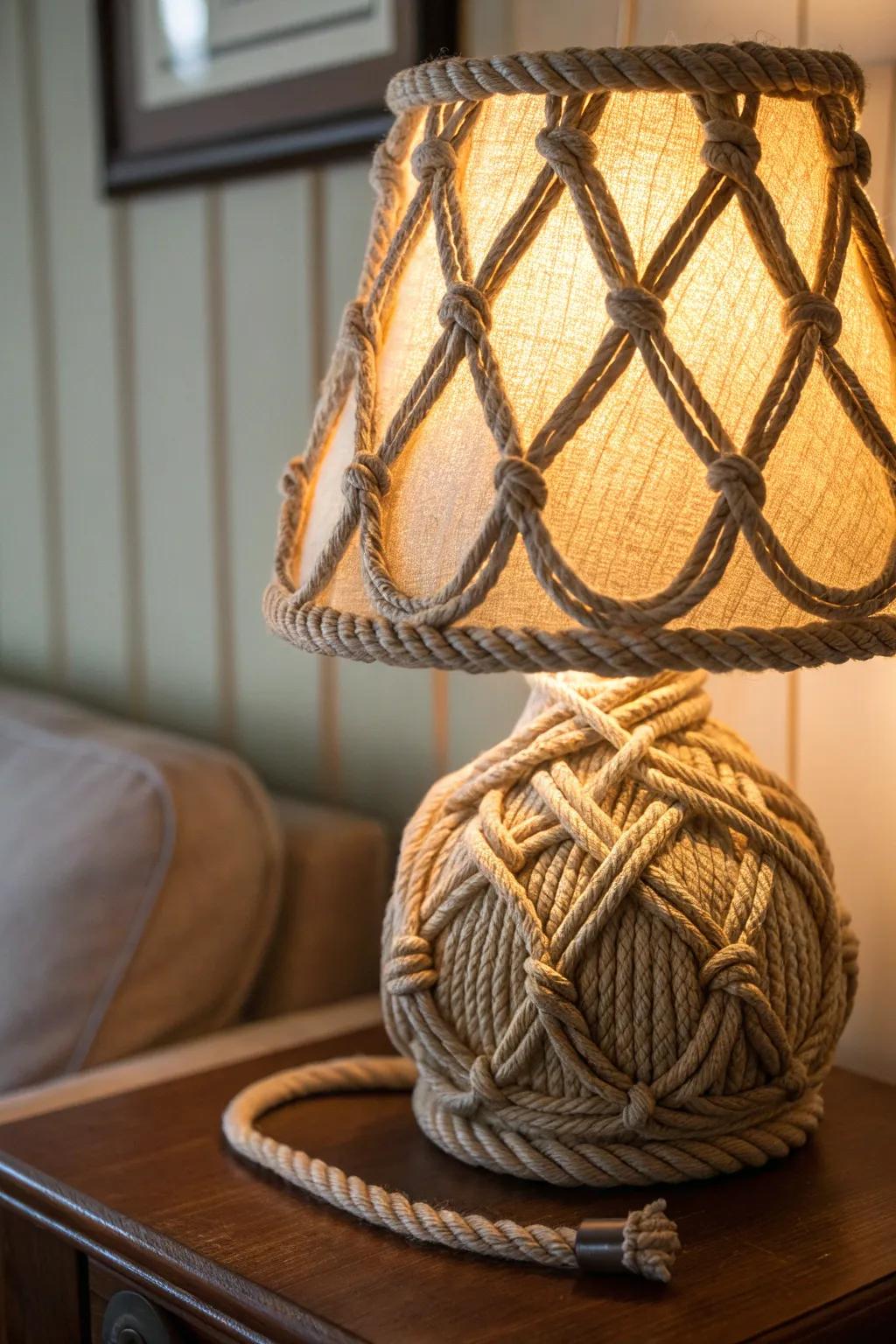 Transform your space with a rustic, rope-wrapped lampshade that exudes warmth and charm.