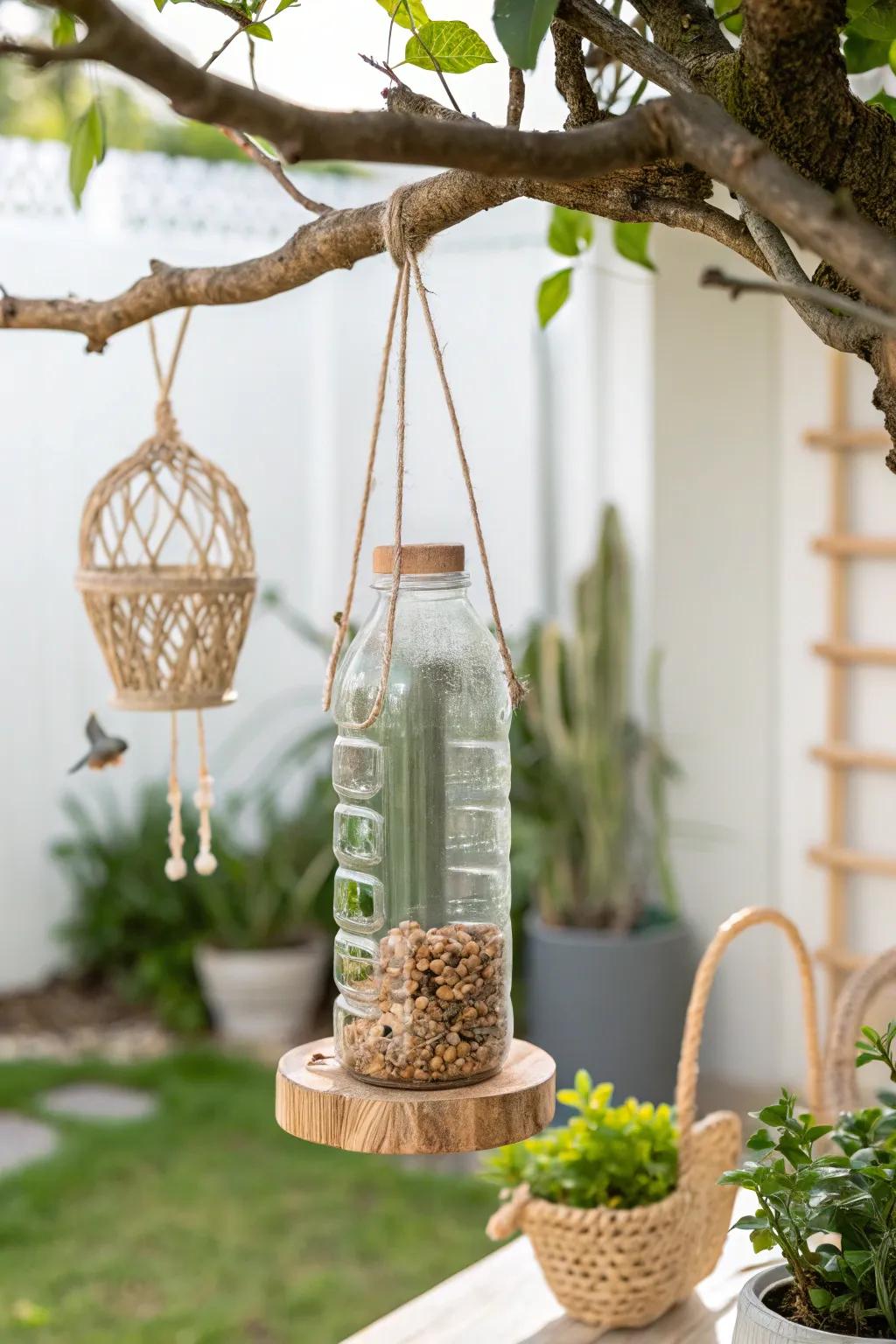 Transform everyday items into charming garden accents with this recycled bottle squirrel feeder!