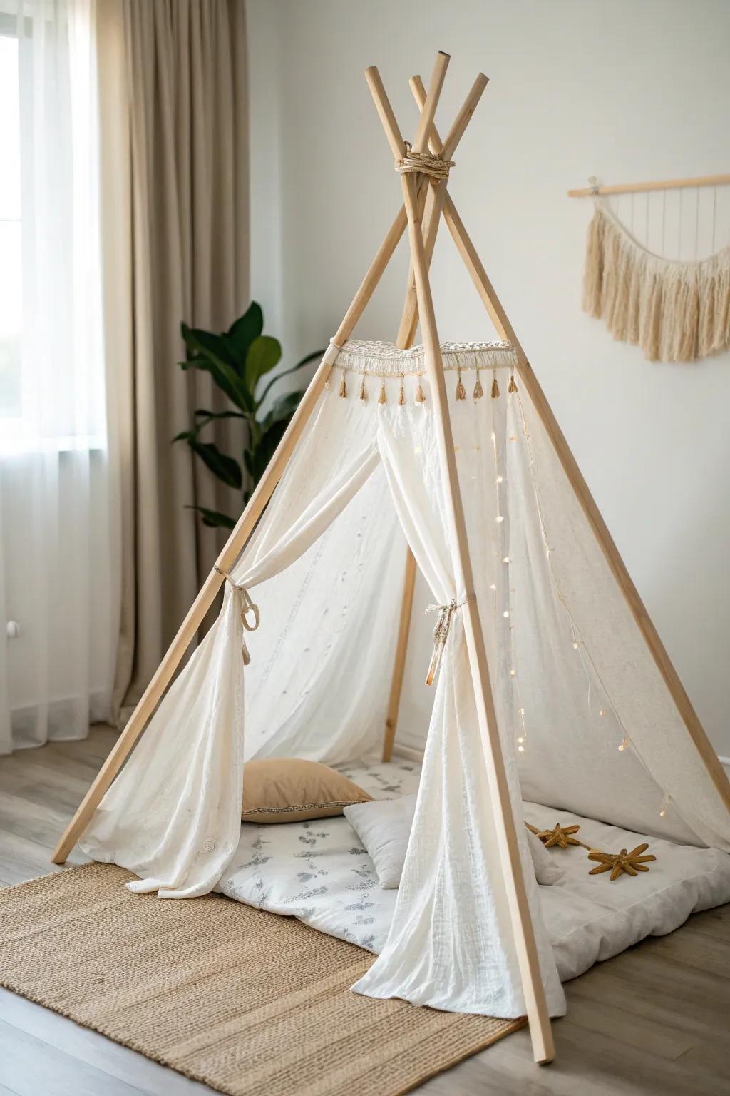 Create your own serene escape with a simple wooden dowel teepee, where minimalist design meets bohemian charm.