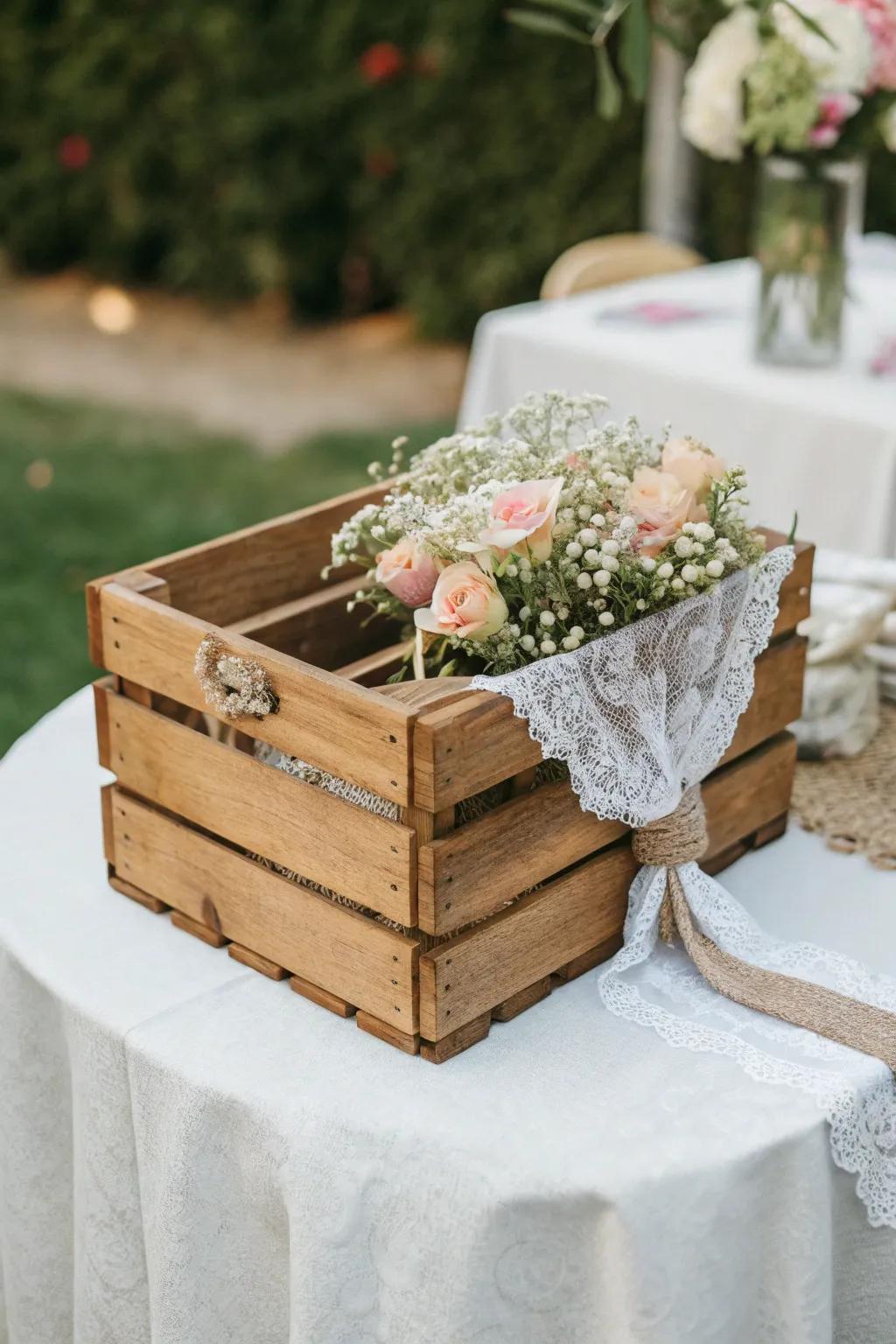 Elevate your wedding decor with this charming rustic crate, perfect for a touch of natural elegance.