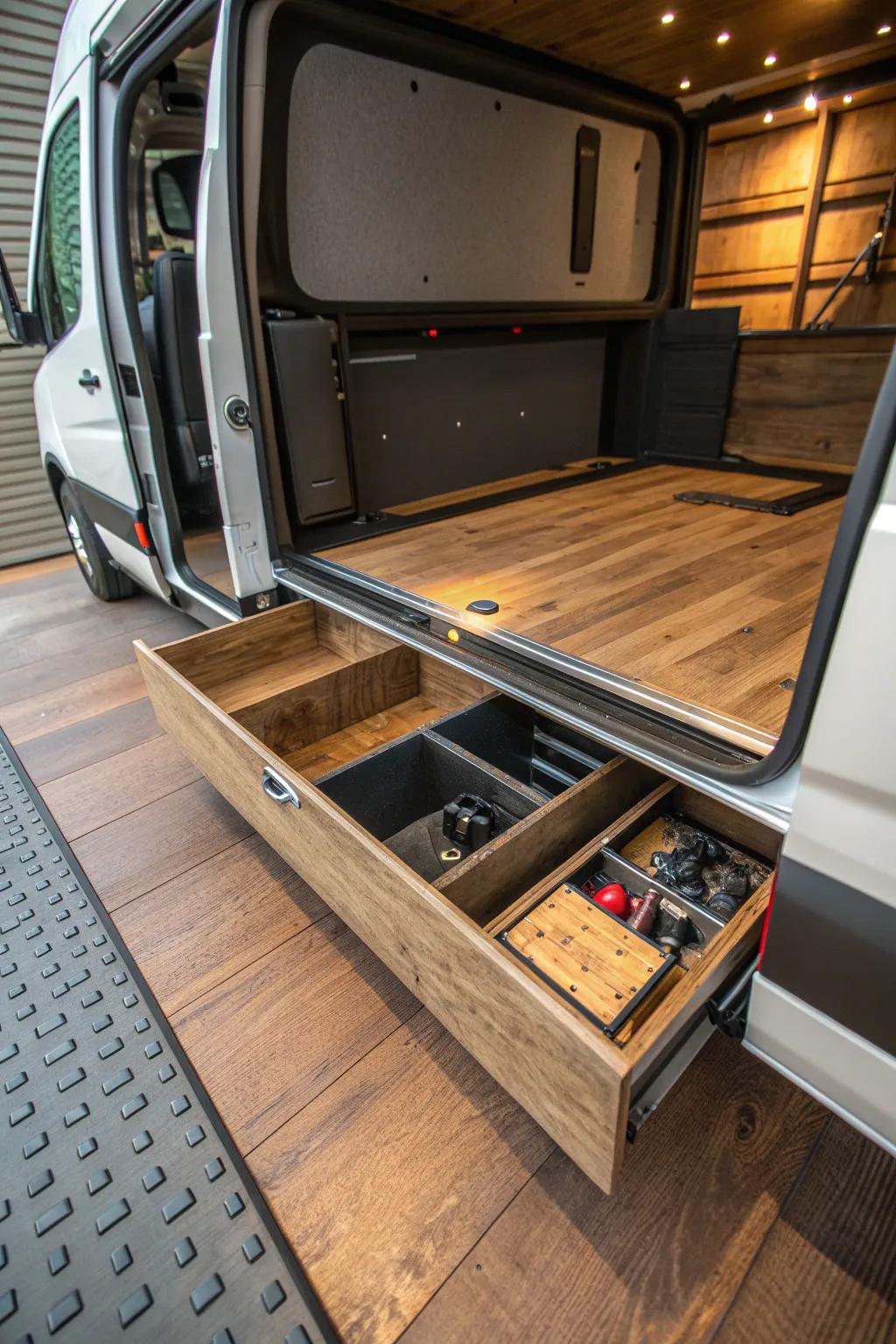 Transform your work van with a sleek underfloor storage solution that marries functionality with craftsmanship.