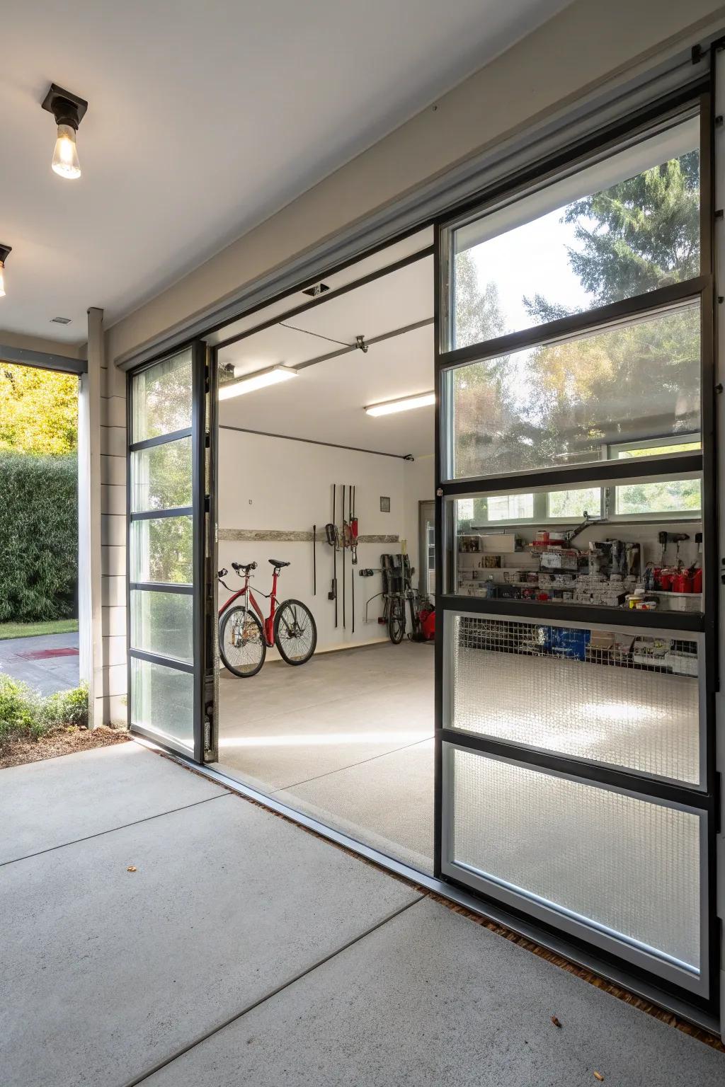 Glass panels create a bright, airy garage space.