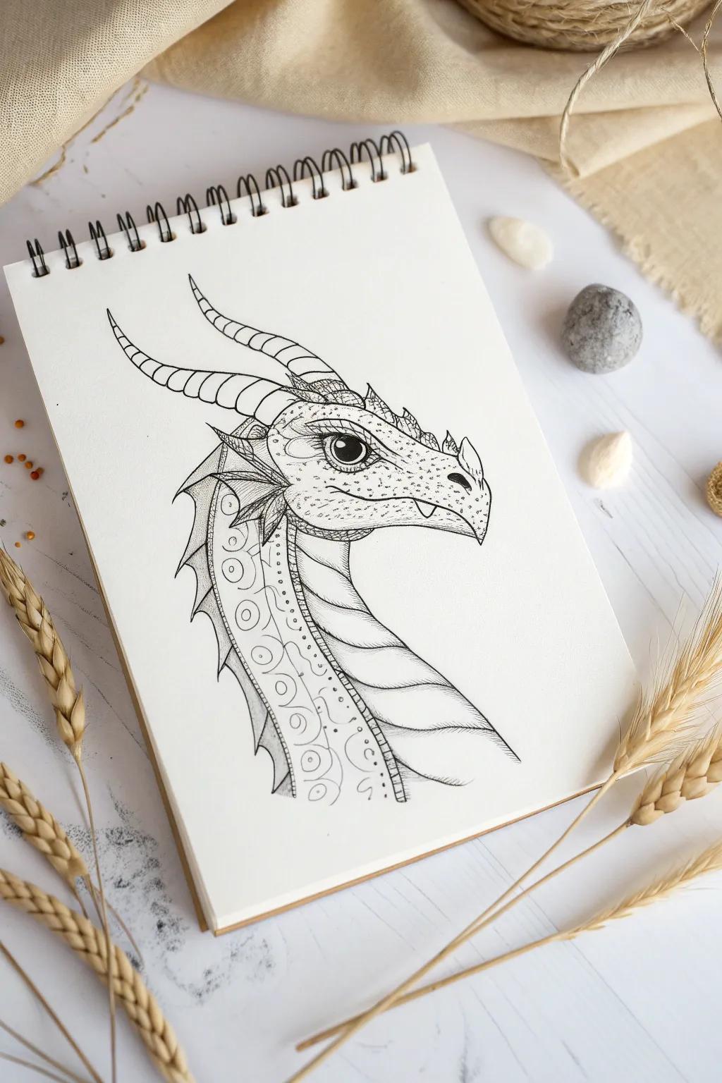 Discover the beauty in contrasts with this unique dragon head sketch, where realism meets whimsy.