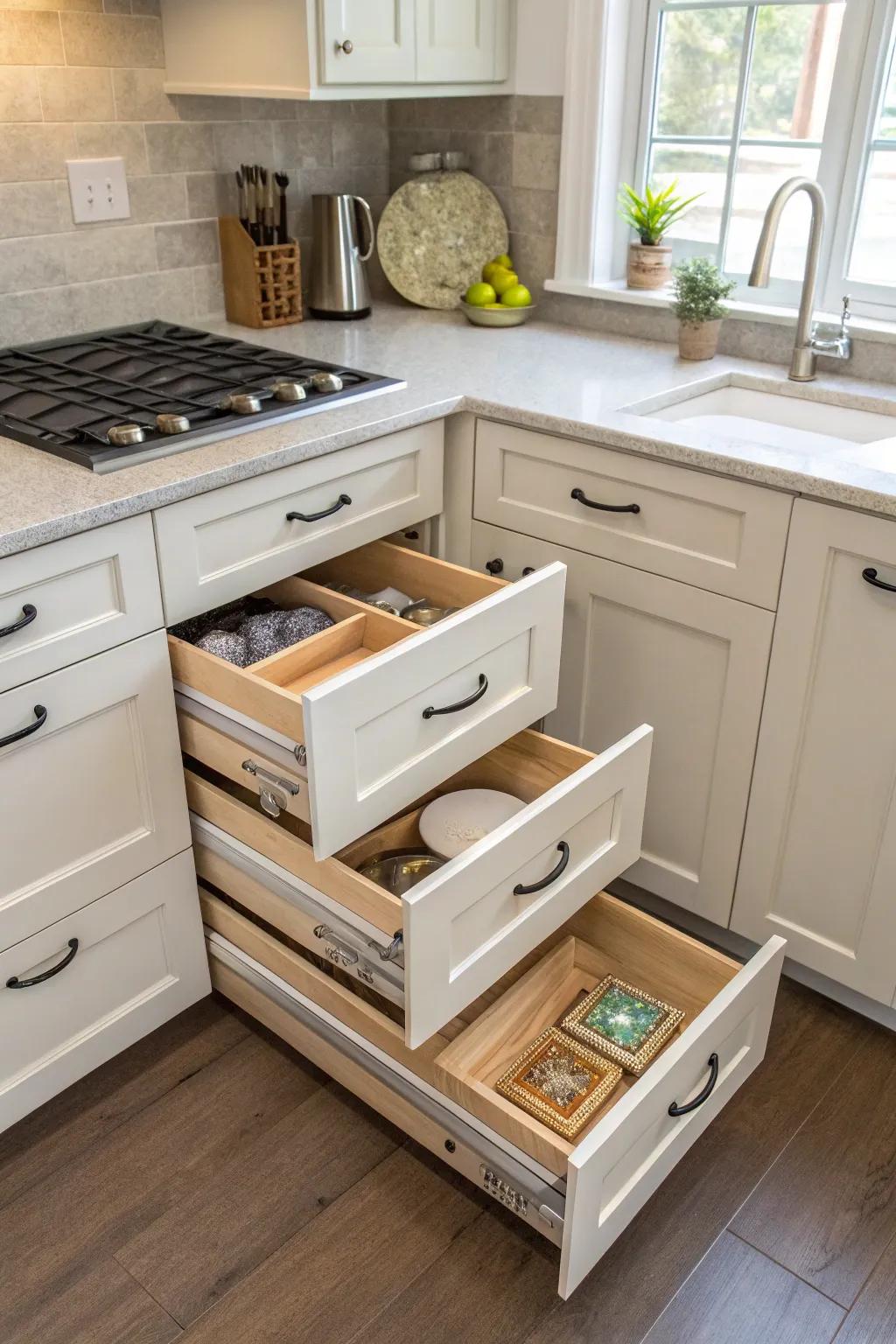 Corner drawers cleverly utilize otherwise wasted space