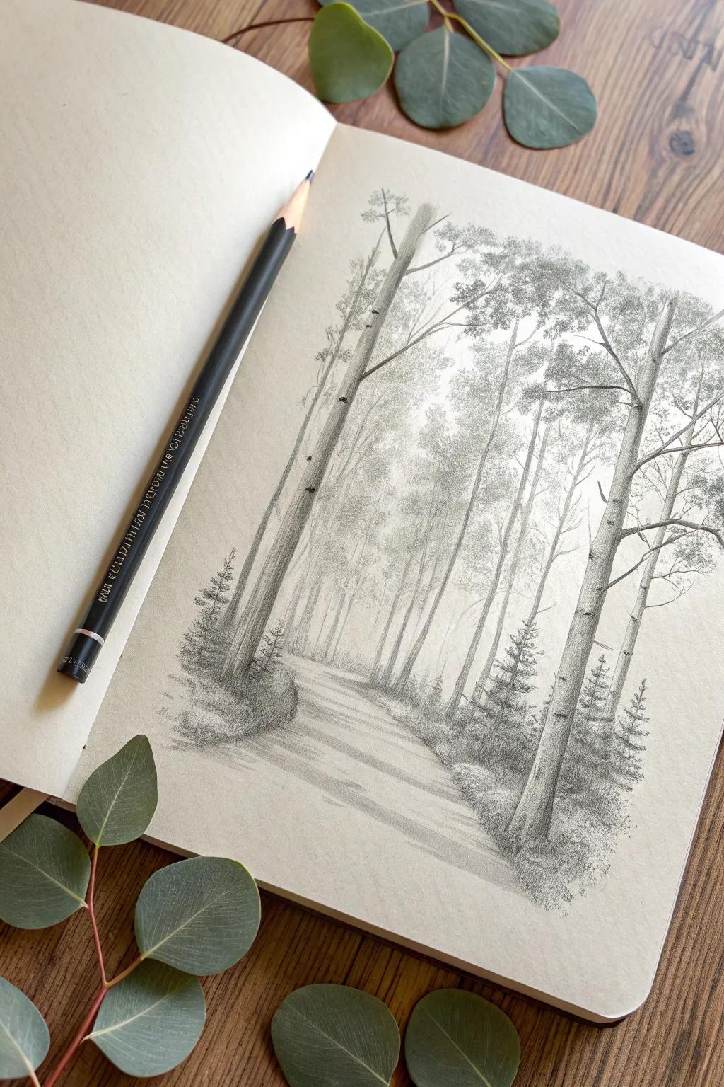 Unleash your creativity and explore the serene beauty of forest scenes with just a pencil and paper.