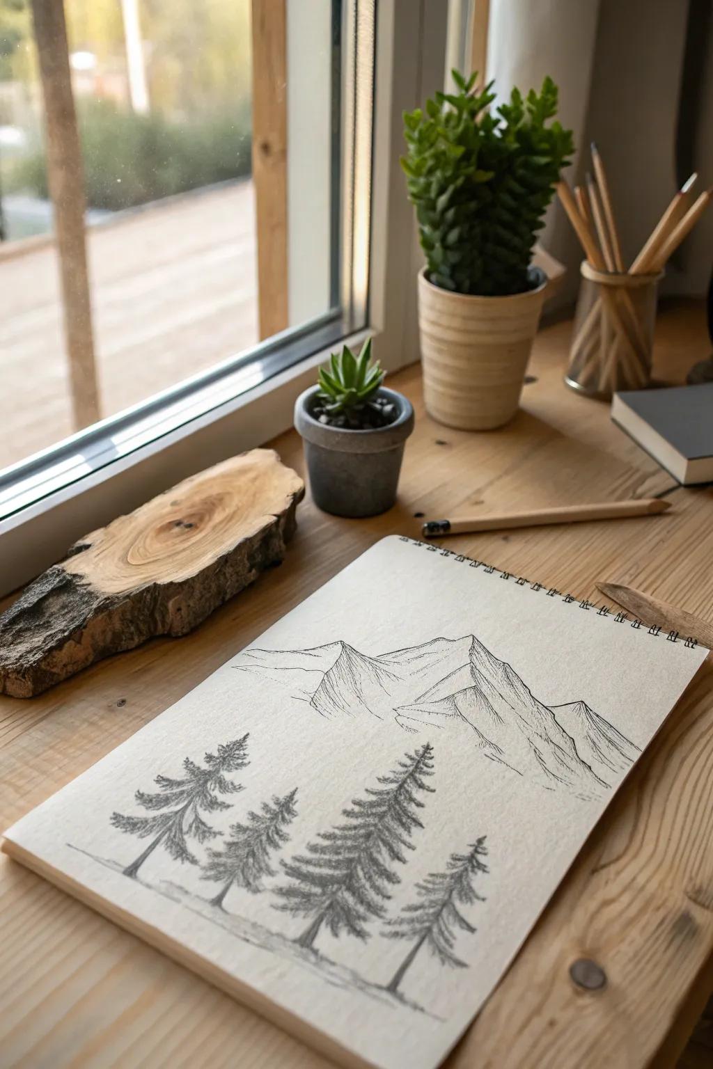 Find tranquility in simplicity: Capture the serene essence of nature with minimalist mountain and tree sketches.