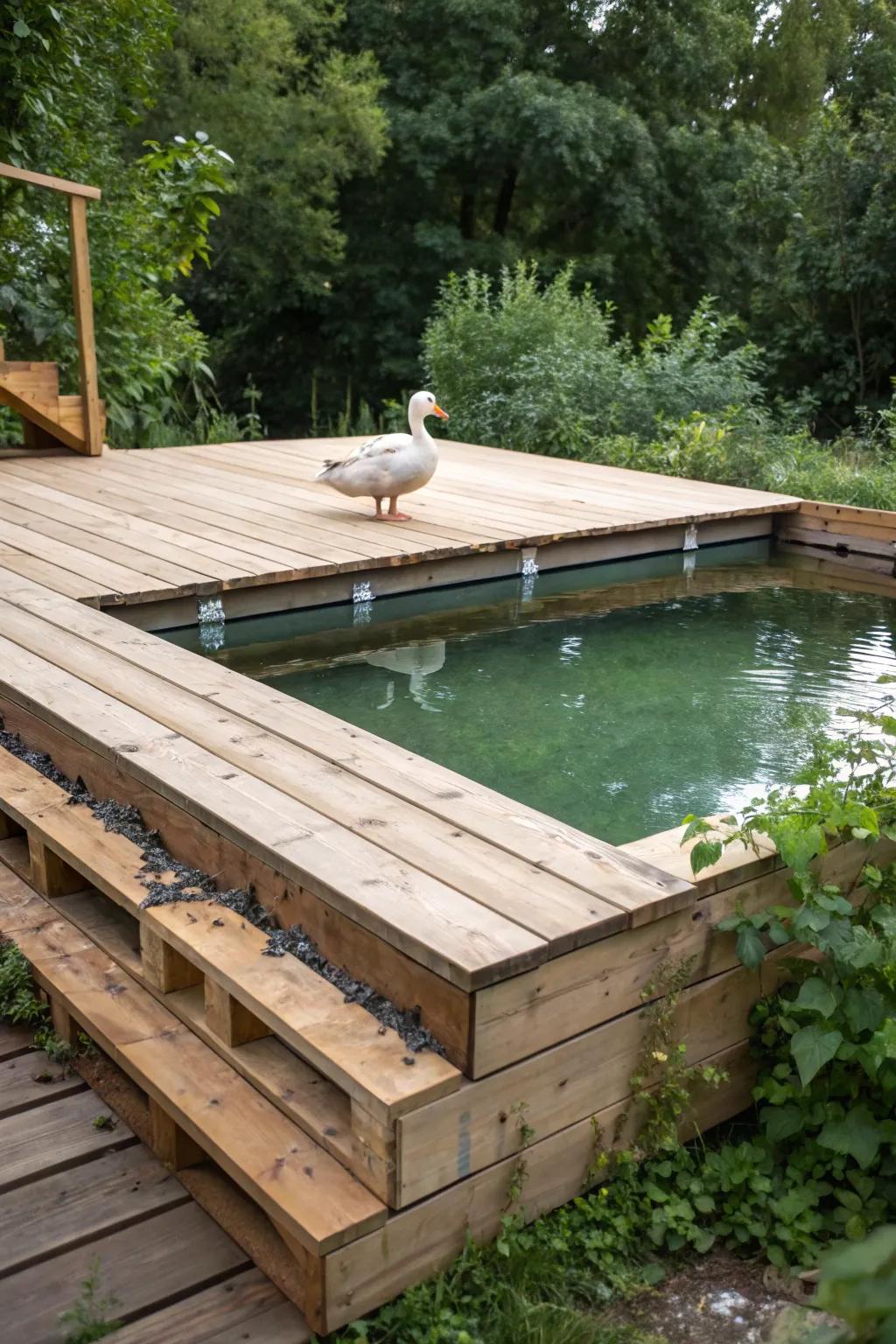 Transform your duck's paradise with a charming DIY pallet pool deck that marries rustic elegance with natural beauty.