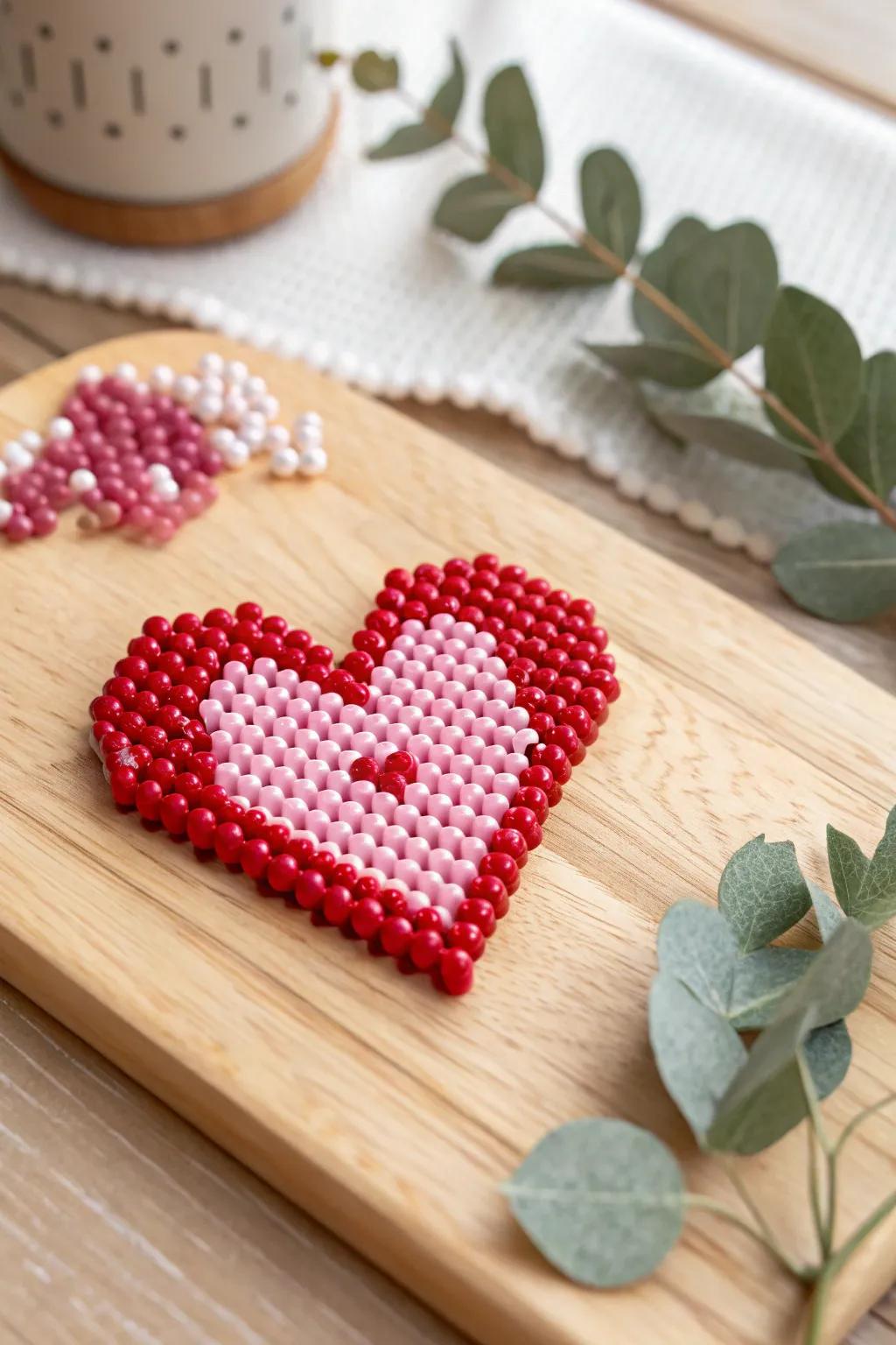 Crafted with love: A mini pixel heart made from perler beads, perfect for adding a touch of warmth to any space.
