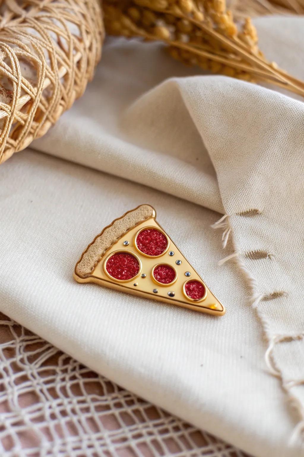 Indulge in a slice of style with this charming pizza pin, perfect for foodies with a flair for minimalist elegance.