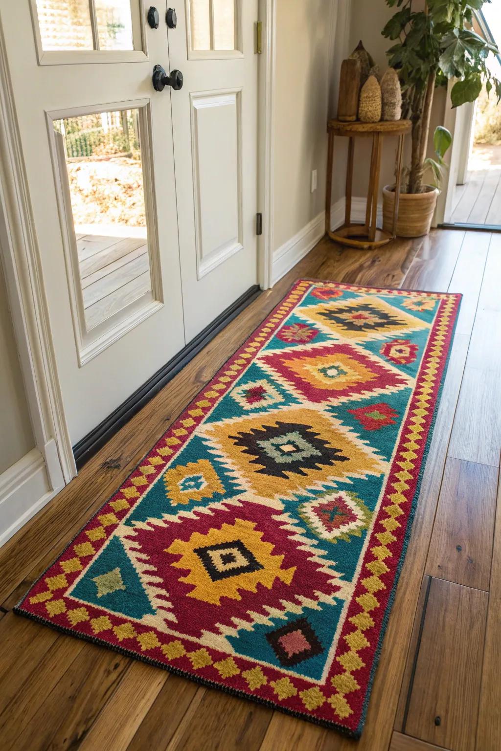 A rug adds warmth and character to the entryway.