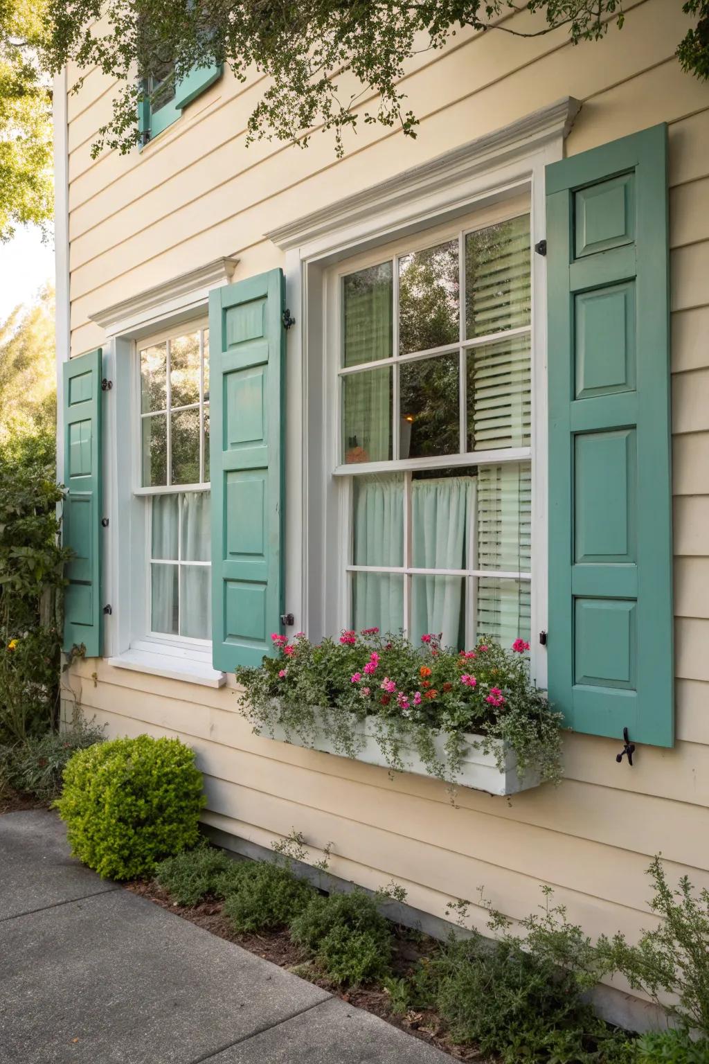 Exterior window with complementary decorative shutters